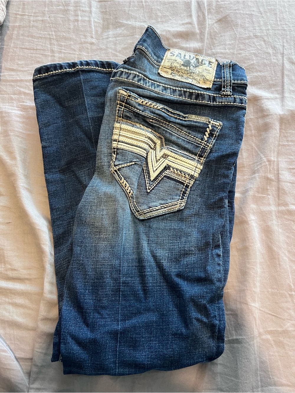 Salvage Men’s Blue Bootcut Jeans with White Pocket Embroidery